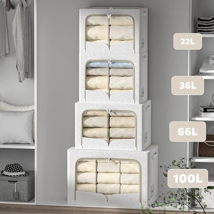 FHSQX 3 Pack Clothes Storage Bins with Metal Frame | Cream White, 23.6x16.5x15.7inch,Foldable, Stackable Linen Fabric, Carrying Handles, Clear Window - color: Cream White, size: 23.6x16.5x15.7inch(100L)