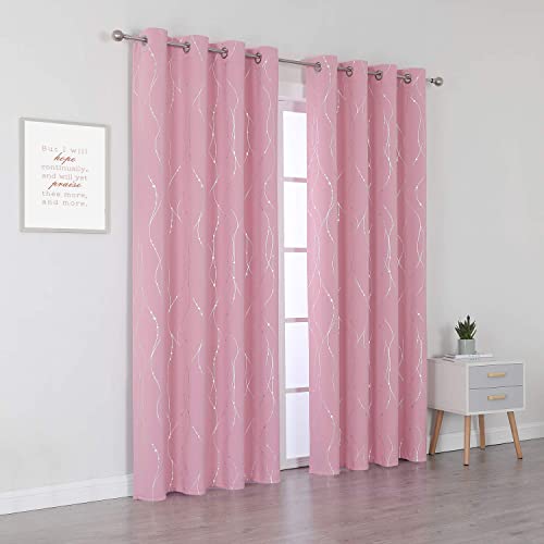 SMILE WEAVER Pink Blackout Curtains for Living Room 45 inch Length 2 Panels,Room Darkening Girls Bedroom Curtains,Silver Printed Design Soft Thick Thermal Insulated Grommet Window Drapes - color: Pink Silver, size: 52"W x 45"L (Pack of 2)