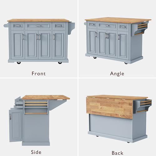 54inch Large Kitchen Island with Rubber Wood Drop Leaf,Embossed Texture Rolling Kitchen Cart On 4 Wheels with 4 Doors and 3 Drawers, Storage for Dining Room (Grey Blue-0t) - color: Grey Blue-0t)