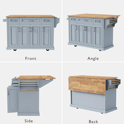 54inch Large Kitchen Island with Rubber Wood Drop Leaf,Embossed Texture Rolling Kitchen Cart On 4 Wheels with 4 Doors and 3 Drawers, Storage for Dining Room (Grey Blue-0t) - color: Grey Blue-0t)