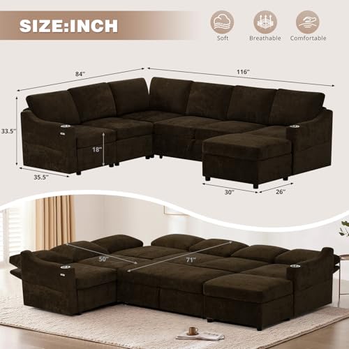 116" Chenille Modular Sofa Bed w/Adjustable Backrests, Brown | U-Shape Sleeper Sofa w/USB Ports & Storage Space, Convertible Corner Sectional Couch w/Pull Out Bed for House, Living Room - color: Brown, style: U-Shape