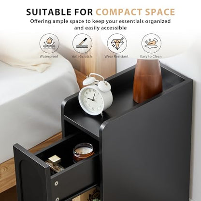 Narrow Nightstands Set of 2, Slim Bedside Tables with Raised Edge Top, Arched Drawer & Open Shelf, Modern Wooden Small End Tables for Bedroom Small Spaces (2, Black) - color: Black-arched Drawer, size: 2-Pack
