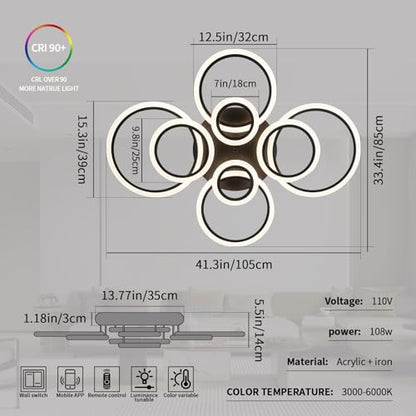 Shine LUEST Modern Ceiling Light, 41.3'' Dimmable LED Black Flush Mount Ceiling Lights with Remote Acrylic Round Ceiling Lamp Fixture for Low Ceiling Bedroom Living Room Dining Room, 108W - color: Black, 8 Rings