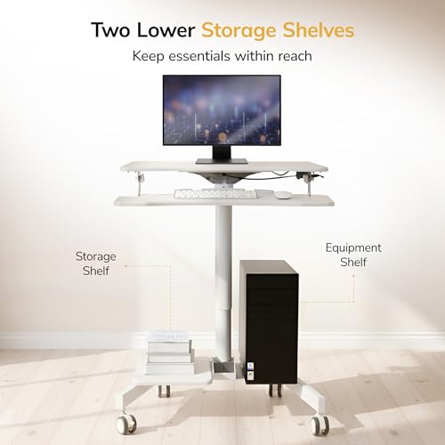 Mount-It! Mobile Computer Cart, Height-Adjustable Rolling Workstation with 28" Desktop, Keyboard Tray, Storage Shelves & Locking Wheels, Mobile Computer Stand for Office, Classroom, or Home