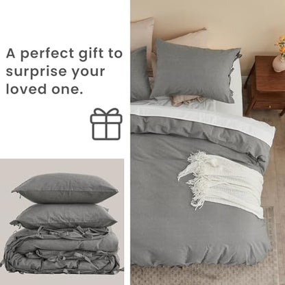 BISELINA 100% Washed Cotton Duvet Cover Set 3pcs with Bowknot Ties Strap Solid Color Linen Like Textured Durable Breathable Soft Comfy Chic Bedding (Oversized King, Dark Grey) - color: Dark Grey, size: Oversized King