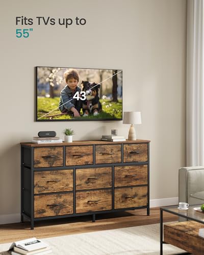 SONGMICS BELLAH Collection - Dresser for Bedroom, Chest of Drawers, TV Stand for TVs Up to 55 Inches, Living Room, Closet, 10 Drawers, Industrial, Rustic Brown and Ink Black ULGS333KD02S - color: Rustic Brown + Ink Black, size: 11.8"D x 44.8"W x 26.8"H (1