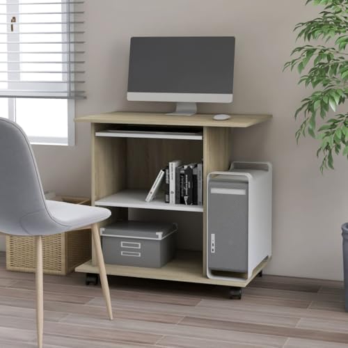Compact Computer Desk 19.7x31.5x29.5 in, Engineered Wood PC Workstation on Wheels with 3 Shelves for Home Office - color: White and Sonoma Oak