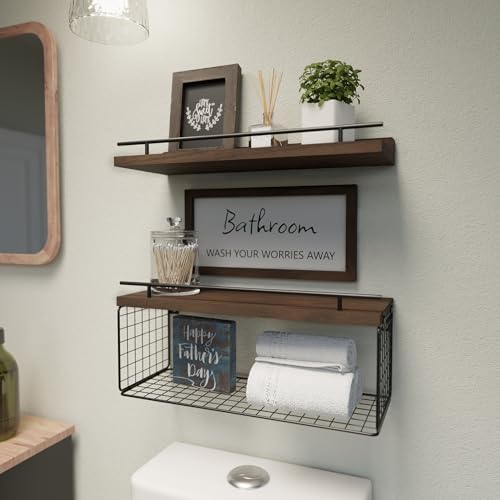 Floating Shelves for Wall Decor Sign, Bathroom Organizers and Storage, Bathroom Shelves Over Toilet with Metal Guardrail-Rustic Brown - color: Rustic Brown