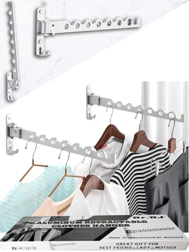 Dr.DJ Wall Mount Coat Hanger Holder Silver Clothes Drying Organizer Rack Garment Hooks Aluminium Retractable Folding Indoor Wall Mounted Hanger Space Saver for Laundry Room Bedroom (2 Racks) Silver - color: Silver 2 Racks