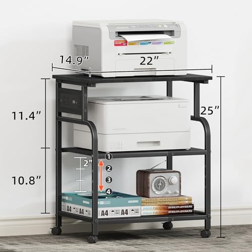 YAOHUOO 3 Tier Large Printer Stand with Power Outlet/Adjustable Shelf | 22"x15" Large Top,Fit 2-3 printers,Rolling Cart with Wheels,Table for Home Office,Fit 3D Printer/Heat Press/Laser,Black - color: Black, size: 22"×15"
