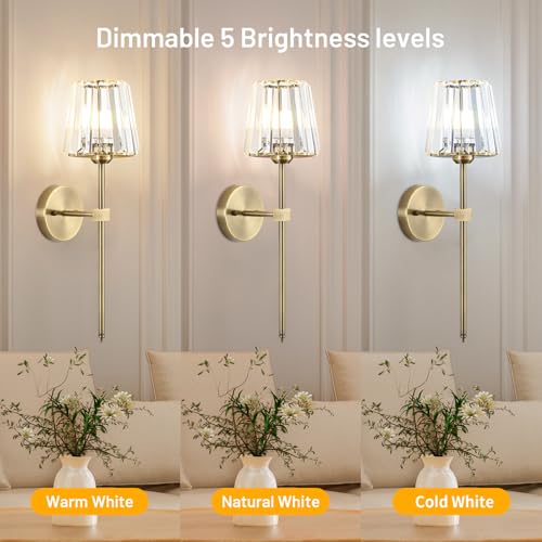 Crystal Battery Operated Wall Sconces Set of 2, Brass Rechargeable Wireless Wall Lights with Crystal Lampshade, 12 RGB and 3CCT Dimmable Wall Lamp with Remote for Bedroom Living Room Hallway - color: Brass