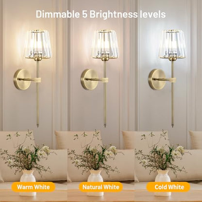 Crystal Battery Operated Wall Sconces Set of 2, Brass Rechargeable Wireless Wall Lights with Crystal Lampshade, 12 RGB and 3CCT Dimmable Wall Lamp with Remote for Bedroom Living Room Hallway - color: Brass