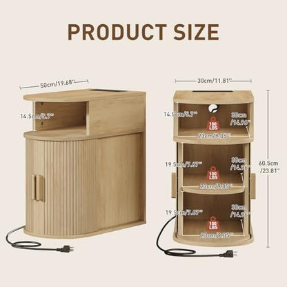 Narrow End Table with Charging Station, Fluted Sofa Side Table with Sliding Curved Door and Storage Shelf, Mid-Century Bedside Table, Modern Nightstand for Living Room, Bedroom, Natural - color: Natural