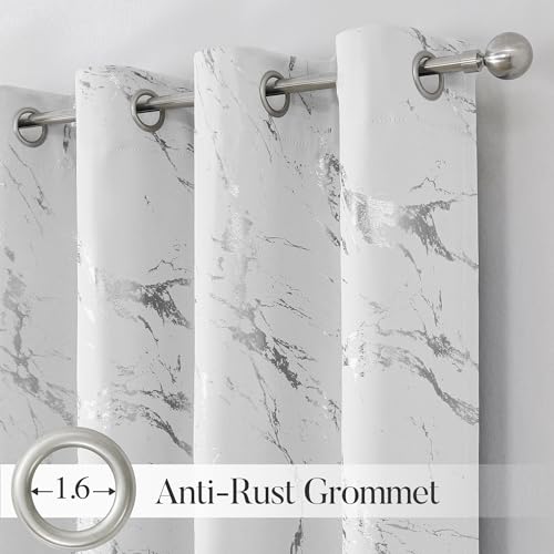 WUBODTI Silver Marble Blackout Curtains 84 inch Bedroom Grommet 2 Panels | Silver on white,metallic pattern,modern abstract,thermal insulated, room darkening,living room,privacy,window treatments - color: Grey White and Silver, size: 52"W x 84"L (Pack of