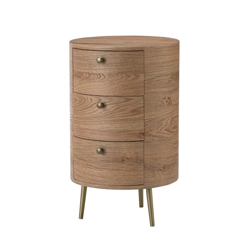 HULALA HOME Round End Table with 3 Storage Drawers, Mid Century Modern Sofa Side Table with Metal Legs, Farmhouse Wood Small Side Table for Living Room, Bedroom and Small Spaces, Oak - color: Oak