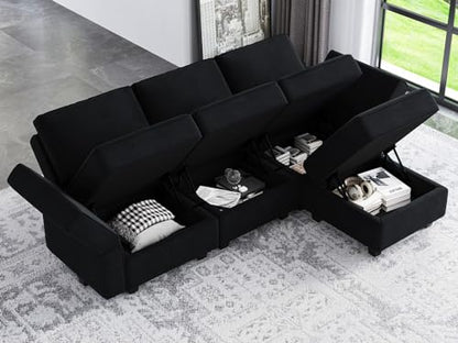 Belffin Modern L Shaped Velvet Sectional Sofa with Chaise, Black, Storage, Adjustable Arm/Backrest - color: Black, size: L Shape Sofa
