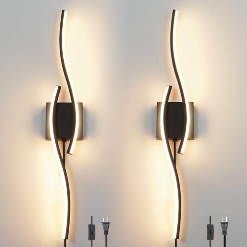 Plug in Wall Sconces Set of 2, Modern Plug in Sconce with Remote, Dimmable LED Wall Light, Wall Lamps with Plug in Cord for TV Wall Sconces, Black Sconce Lighting for Living Room, Hallway, Bedroom - color: Black, size: 27.5in A plug in