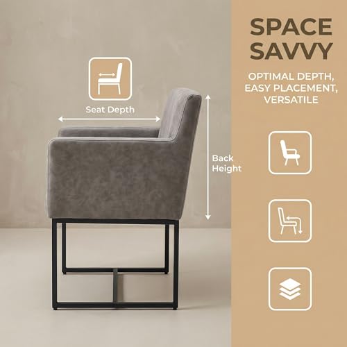 Faux Leather Upholstered Dining Chairs with Arms Set of 2, Mid Century Modern Padded Kitchen Chair with Black Metal Frame for Restaurant, Dining Room, Grey - color: Grey