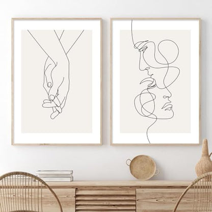 Abstract Couple Line Art Line Face Wall Art Minimalist Line Art Prints Black Line Pictures Holding Hands Canvas Wall Art Black and White Minimalist Poster for Living Room Bedroom 16x24inx2 Frameless - color: Abstract Couple Line Art