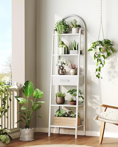 5 Tier Ladder Shelf with Drawer, Tall Ladder Bookshelf, Standing Bookcase with Metal Frame for Living Room, Bathroom, Home Office, Study, Balcony, White TCJ07WB - color: White
