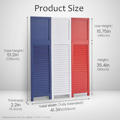 1 Pack 3 Panel Wood Short Room Divider Screen Red White Blue | Freestanding Modular Louvered Partition Screen For Bedroom Home Office Apartment Privacy - color: Red White Blue