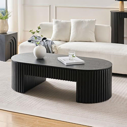 51.18'' Oval Wood Coffee Table with Drawer, Centre Table Tea Table Fluted Coffee Table Mid Century Modern Coffee Table Round Coffee Table Unique Coffee Table for Living Room Apartment-Black - color: Black, size: 51.18"x23.62"x14.56"
