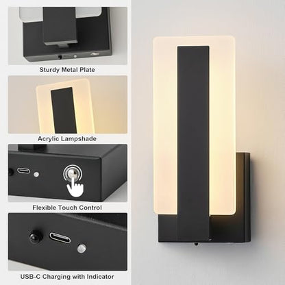 KARTOOSH Battery Operated Modern Wall Sconce Set of Two, Black | Rechargeable Wireless Wall Light with Remote Control, Dimmable 3 CCT, Timer, Night Mode, for Hallway, Bedroom, Living Room - color: Black
