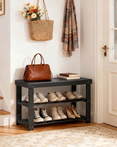 Amada 3 Tier Bamboo Shoe Rack Bench for Entryway, Living Room, Black | 100% natural bamboo, 220 lbs weight capacity, thicker panels, triple screws for enhanced stability, holds 6 pairs - color: Black