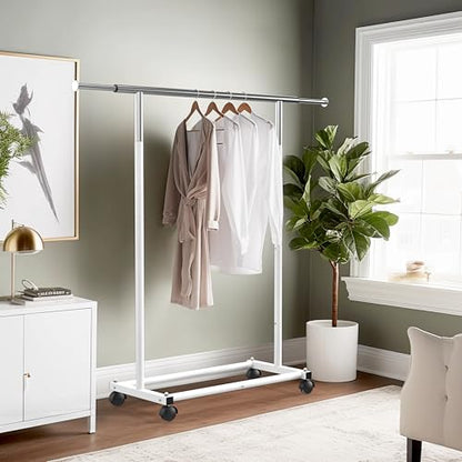 Simple Houseware Standard Rod Garment Clothing Rack, White | Single Rail, Extendable Width from 30 to 47 Inches, Rolling Clothing Organizer for Bedroom, Laundry, Living Room - color: White