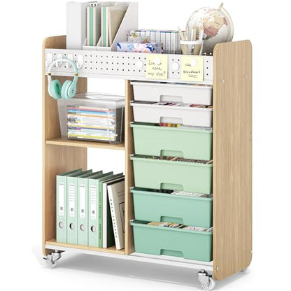 Rolling Craft Cart with 6 Drawers, Pegboard and Locking Wheels Green | Ample multi-zone storage, 2 open shelves, art cart for classrooms, homeschool and offices, sturdy wood-metal frame - color: Green