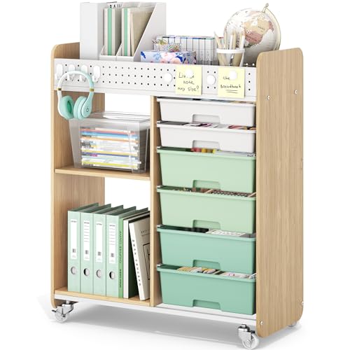 Rolling Craft Cart with 6 Drawers, Pegboard and Locking Wheels Green | Ample multi-zone storage, 2 open shelves, art cart for classrooms, homeschool and offices, sturdy wood-metal frame - color: Green