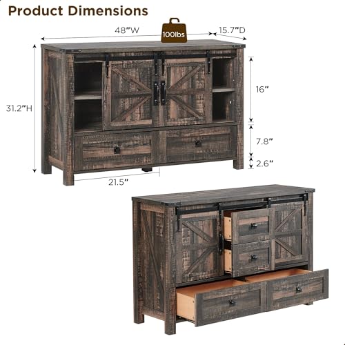 T4TREAM 48" Wide Farmhouse Sideboard Buffet Cabinet, Dark Rustic Oak | 31.2" Tall Kitchen Cabinet with Storage, 2 Sliding Barn Doors, 4 Drawers, Rustic Wood, Coffee Bar Table, Dining Room - color: Dark Rustic Oak
