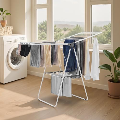 VEVOR Clothes Drying Rack, 2-Tier Foldable Laundry Dryer Rack with Sock Clips & 21 Drying Rods, Metal Height Adjustable Drying Racks for Outdoor & Indoor, Free-Standing & Space-Saving Hanger, White - size: 54.5"D x 23.6"W x 39.4"H
