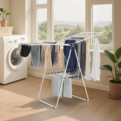 VEVOR Clothes Drying Rack, 2-Tier Foldable Laundry Dryer Rack with Sock Clips & 21 Drying Rods, Metal Height Adjustable Drying Racks for Outdoor & Indoor, Free-Standing & Space-Saving Hanger, White - size: 54.5"D x 23.6"W x 39.4"H