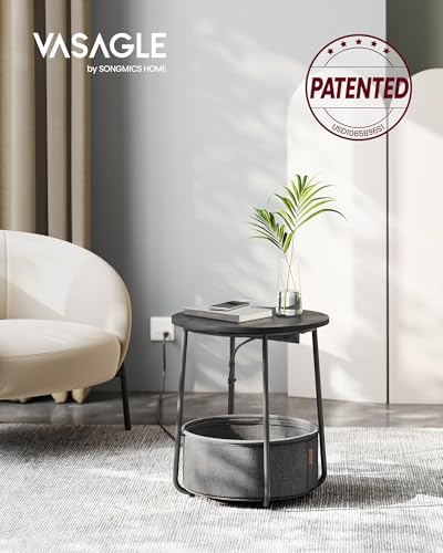 VASAGLE LILEA Collection - Side Table with Charging Station, Round End Table with Fabric Basket, Nightstand with USB Ports, for Living Room, Bedroom, Modern, Ebony Black and Slate Gray ULET228B01 - color: Ebony Black + Slate Gray