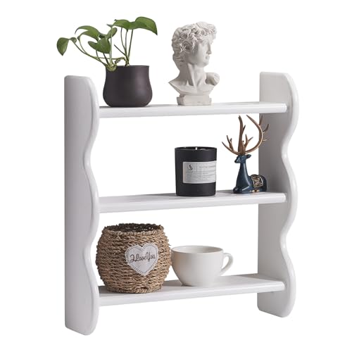 100% Solid Wood Wall Shelf 3-Tier, Vintage Shelves Wall Mounted Storage Rack, Farmhouse Trinket Shelf Home Decor Display Shelves for Apartment, Living Room, Bathroom and Bedroom - color: White