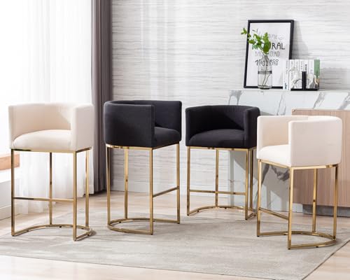 HNY Modern Barrel Counter Height Bar Stools Set of 2, 29 Inch Charcoal Linen Kitchen Barstools with Back for Island, with Gold Metal Tubular Frame - color: 29inch Charcoal,gold Base