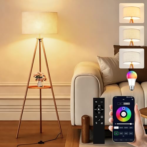 58.3" Mid-Century Tripod Floor Lamp with Shelf, Hidden Wiring, RGB Dimmable Bulb Included, Remote & App Control, Iron Corner Standing Lamp with Linen Shade for Living Room Bedroom