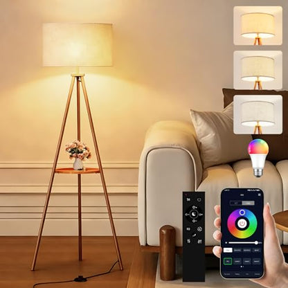 58.3" Mid-Century Tripod Floor Lamp with Shelf, Hidden Wiring, RGB Dimmable Bulb Included, Remote & App Control, Iron Corner Standing Lamp with Linen Shade for Living Room Bedroom