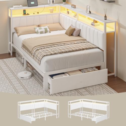Twin Corner Bed Frame with Storage Drawers, Modern Daybed with LED Lights and Charging Station, Metal Twin Platform Bed Frame with Velvet Upholstered Guardrail for Dorm Bedroom, White - color: White, size: Twin