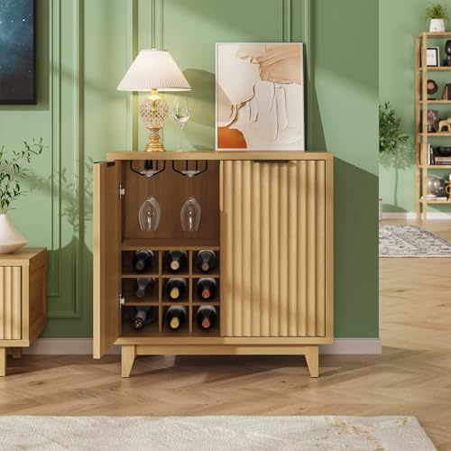 Fluted Coffee Bar Cabinet with Storage, Modern Sideboard Buffet Cabinet | Wine Cabinet with Removable Wine Rack, Drawer & Adjustable Shelf, Natural Liquor Cabinets for Living Room, Kitchen, Entryway - color: Wood Grain, size: Coffee Bar - 15.7"D x 31.5"W