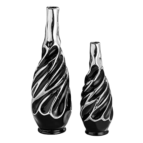 Yundu Black with Silver Vase Set of 2 - Pampas Grass Vase, Ceramic Vases Ideal for Living Room, Shelf, Coffee, Home Decor. Boho & Modern Centerpieces Flowers Vases - color: Black With Silver