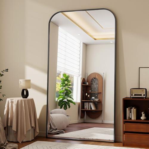 Oversized Full Length Mirror 76"x34" Arched Floor Standing Mirror | Large Full Body Mirrors with Stand - with Aluminum Frame for Bedroom Living Room, Black - color: Black, size: 76"L x 34"W