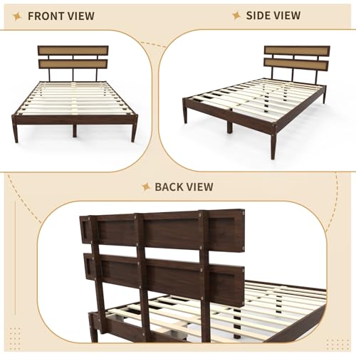 VINGLI Solid Wood Full Size Rattan Bed Frame with Headboard, Boho Platform Panel Bed,Brown - size: Full