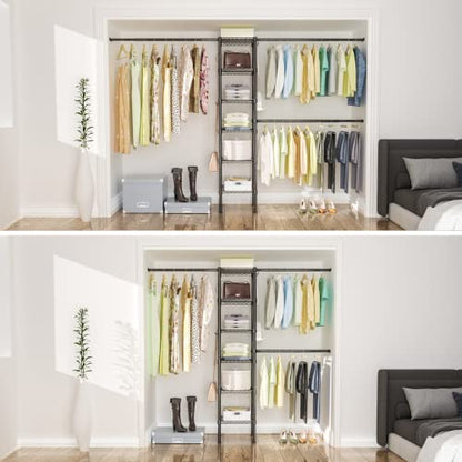 M1 Closet Storage Organizer System, 6 Tiers Heavy Duty Metal Clothing Garment Rack with 3 Expandable Hanger Rods, Wall Mounted Space Saver Suits from 3.3-8.7 ft. Width, 71.2”H x 14”D, Black - color: Black
