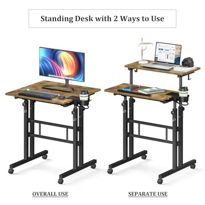 Enayplon Small Standing Desk with Wheels, Mobile Stand Up Desk, Portable Standing Table on Wheels for Walking Pad, Rolling Computer Desk Adjustable Height, Tall Table - color: Brown