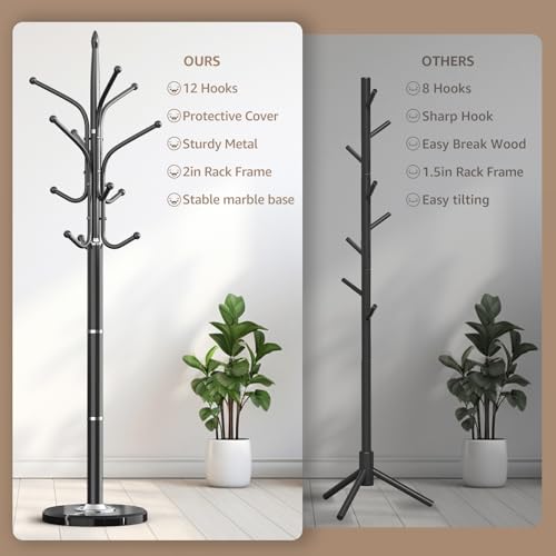 HzTinT Heavy Duty Coat Rack with Marble Base, 12 Hooks, Adjustable Heights | Freestanding Coat Tree, Metal Coat Stand, For Coats, Bags & Hats in Entryway, Black