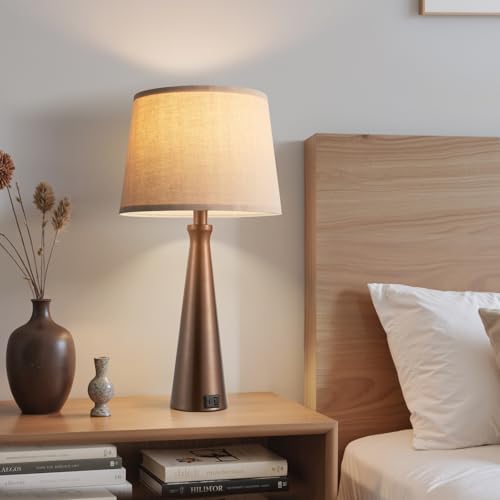 Modern Touch Lamps for Nightstand, 3 Way Dimmable Bedroom Lamp Set of 2 | USB C+A Charging Ports, Brown Bedside Lamps for Bedroom, Living Room, End Table, Bed Side, LED Bulb Included - color: F. Brown Base-Oat Shade