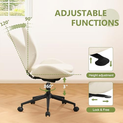 Armless Office Chair with Wheels, Luxury Chenille Swivel Desk Chair with Ergonomic Curved Teardrop Back, Double-Layer Seat, Modern Vanity Chair for Makeup, Home Office, Cream White - color: Cream White, size: Teardrop Back