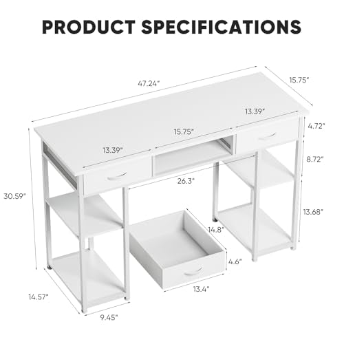 DUMOS 48-Inch Computer Desk with Drawers and Hook, White | Home Office Desk for Bedroom, Gaming Writing Study Desk with Adjustable Feet - color: White, size: 48-In